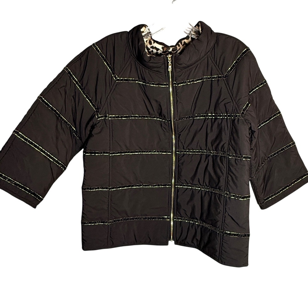 Chico's Quilted Puffer Jacket Women Size 1 Black Polyester Leopard Print Trim